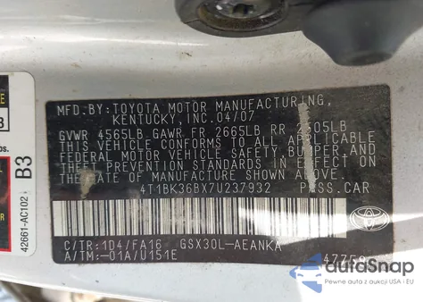 2007 Toyota Avalon Xl from USA, damaged, VIN 4T1BK36BX7U237932